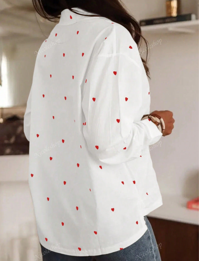 Heart Print Button Up Poplin Shirt - White - 4