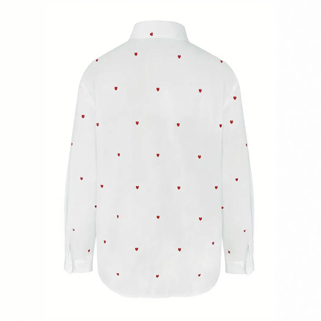 Heart Print Button Up Poplin Shirt - White - 5