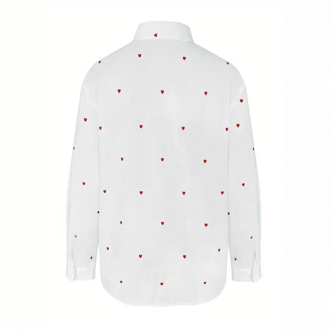 Heart Print Button Up Poplin Shirt - White - 5