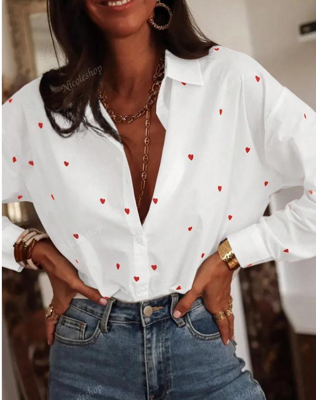 Heart Print Button Up Poplin Shirt - White - 6
