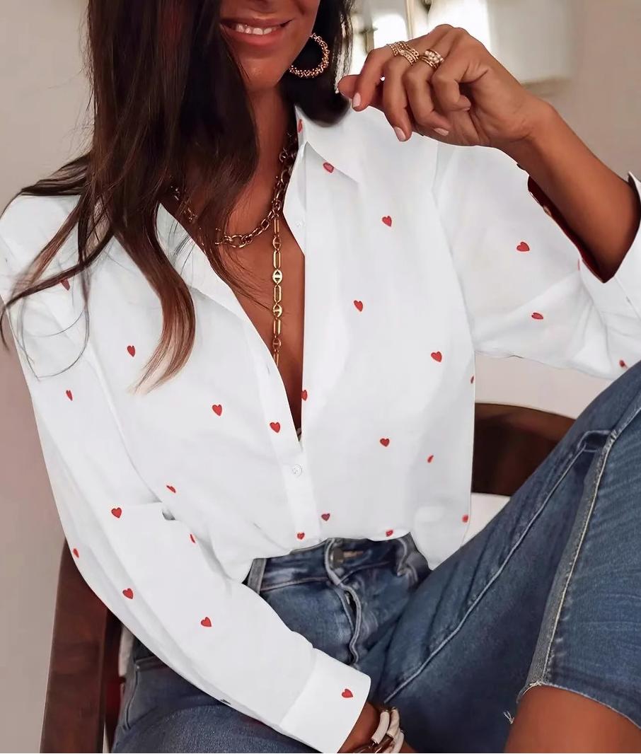 Heart Print Button Up Poplin Shirt