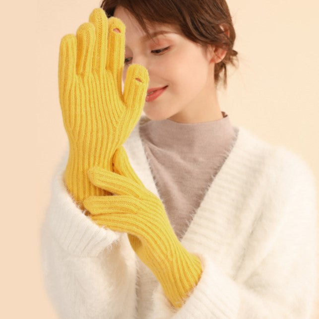 Soft Ribbed Knit Winter Gloves - Yellow - 2
