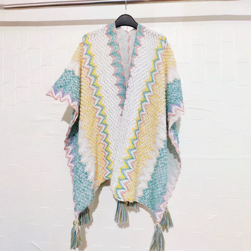 Zigzag Crochet Fringed Kimono Cape - NO_12