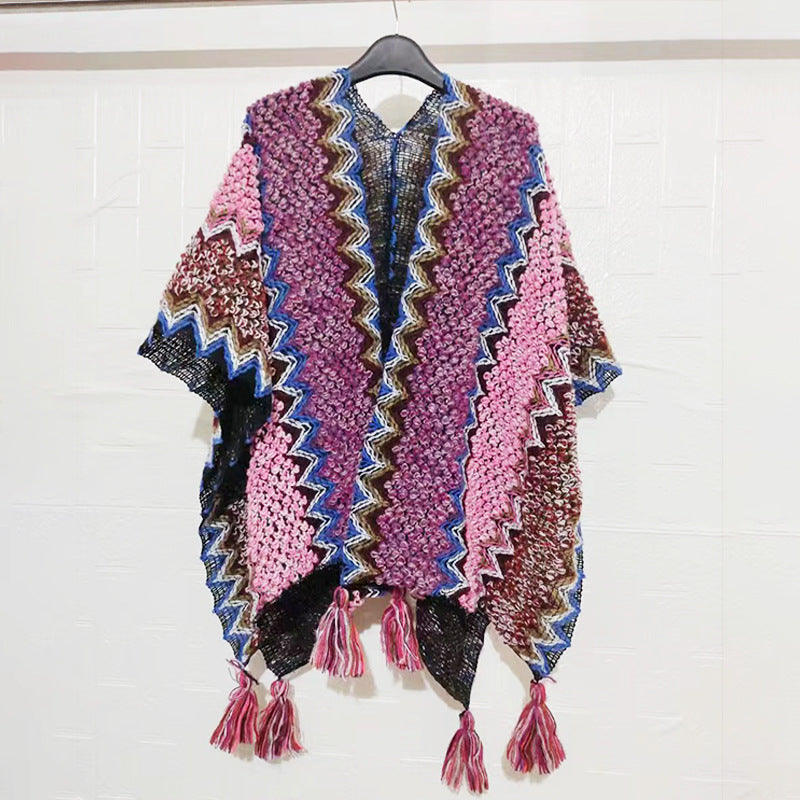 Zigzag Crochet Fringed Kimono Cape - NO_16