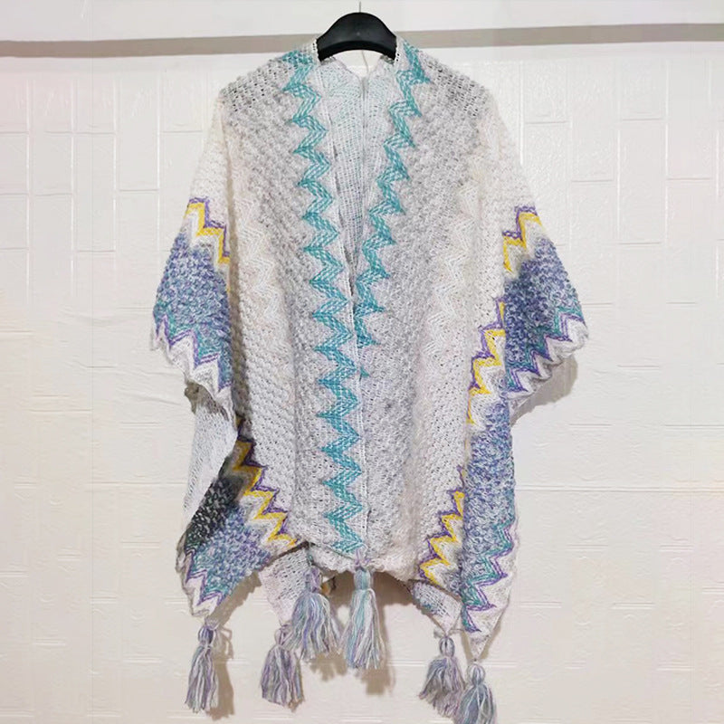 Zigzag Crochet Fringed Kimono Cape - NO_18