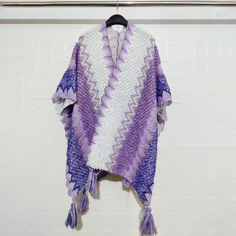 Zigzag Crochet Fringed Kimono Cape - NO_21