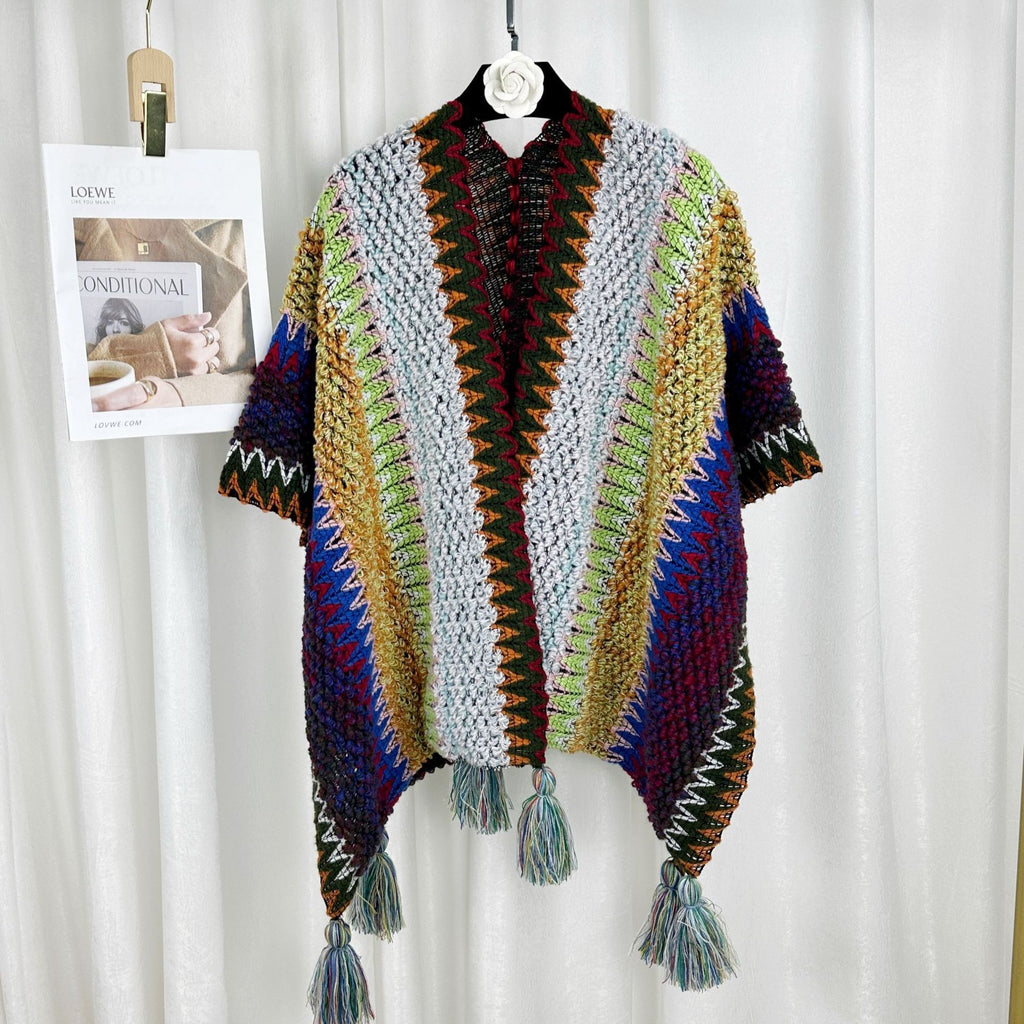 Zigzag Crochet Fringed Kimono Cape - NO_33