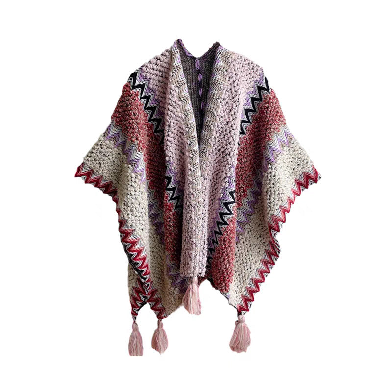 Zigzag Crochet Fringed Kimono Cape - NO_38