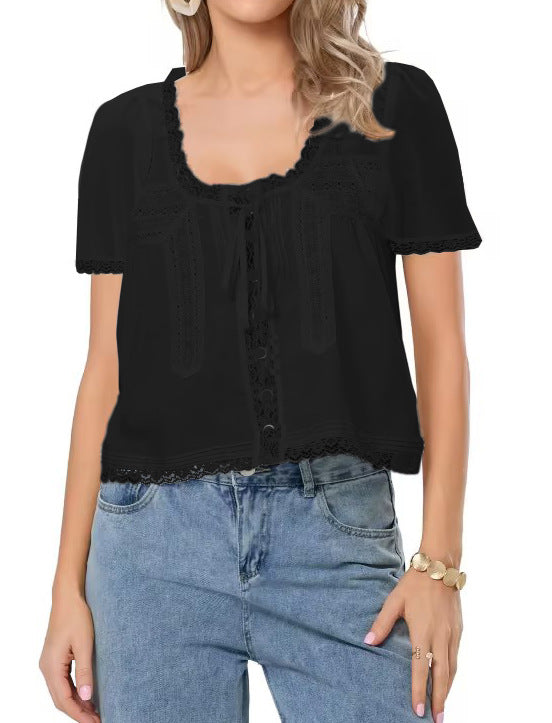 Lace Trim Tie Front Puff Sleeve Top - Black