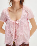 Lace Trim Tie Front Puff Sleeve Top - Pink
