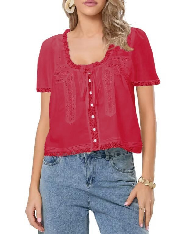 Lace Trim Tie Front Puff Sleeve Top - Red