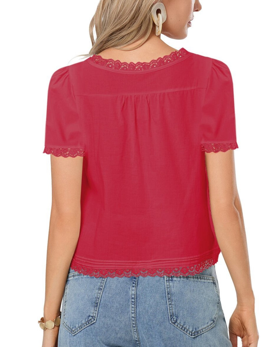 Lace Trim Tie Front Puff Sleeve Top - Red - 1