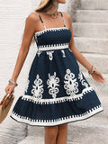Folk Motif Strappy Flared Mini Dress - Darkblue