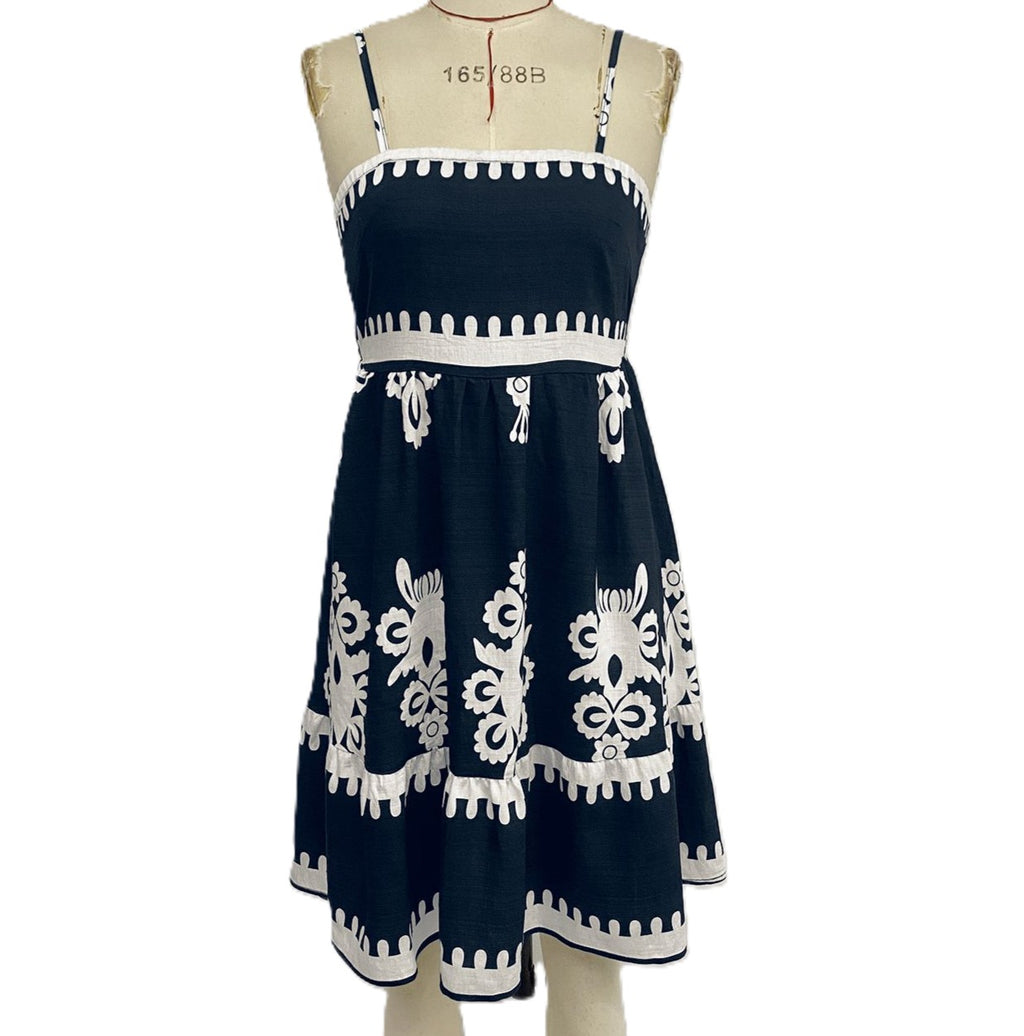 Folk Motif Strappy Flared Mini Dress - Darkblue - 1