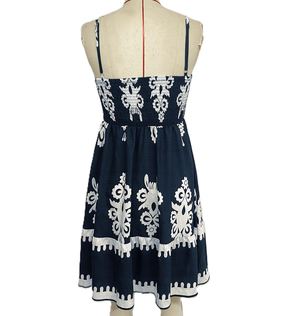 Folk Motif Strappy Flared Mini Dress - Darkblue - 2