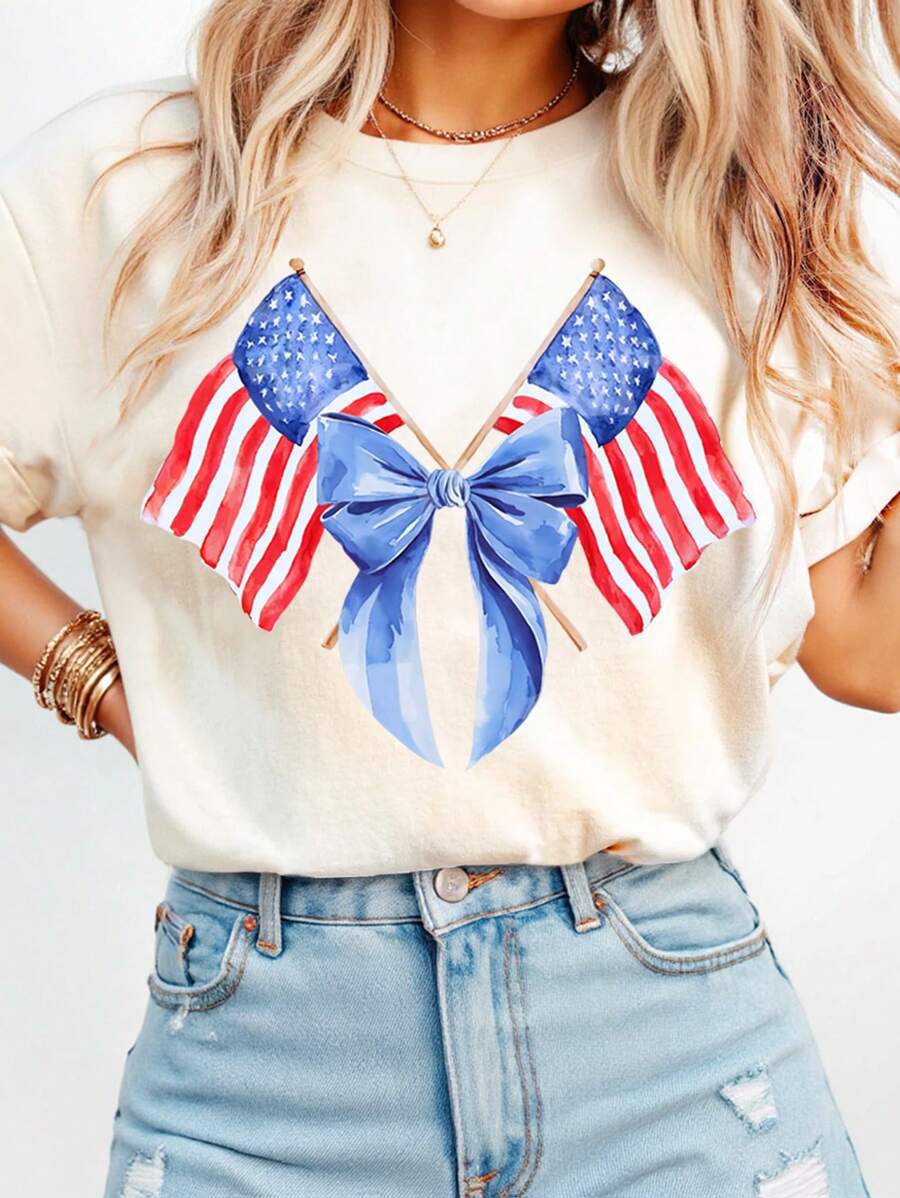 Patriotic Flag Bow Graphic Short Sleeve Tee - Apricot - 1