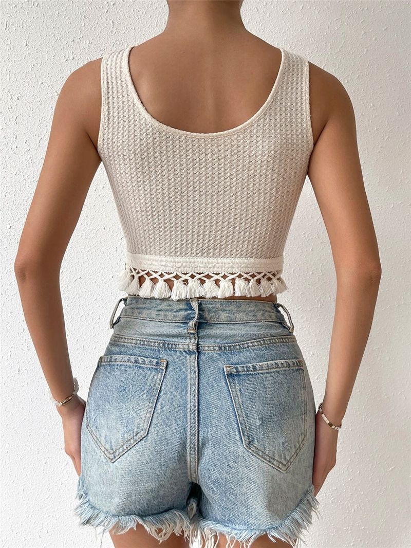 Ribbed Knit Crop Tank With Tassel Hem - beige - 4