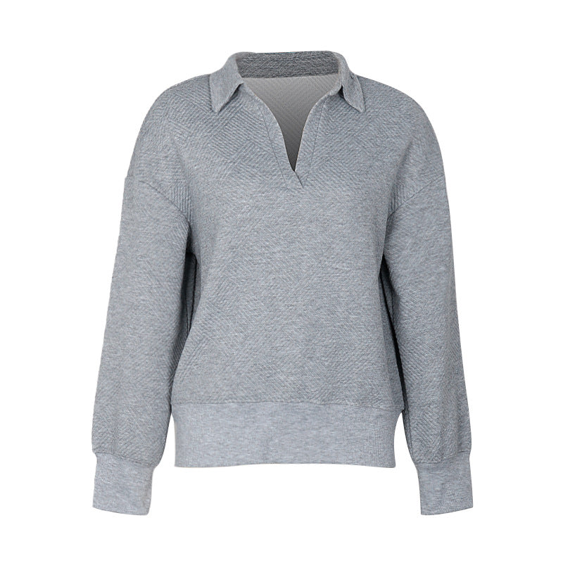 Textured Collared Split Neck Pullover Sweatshirt - Grey