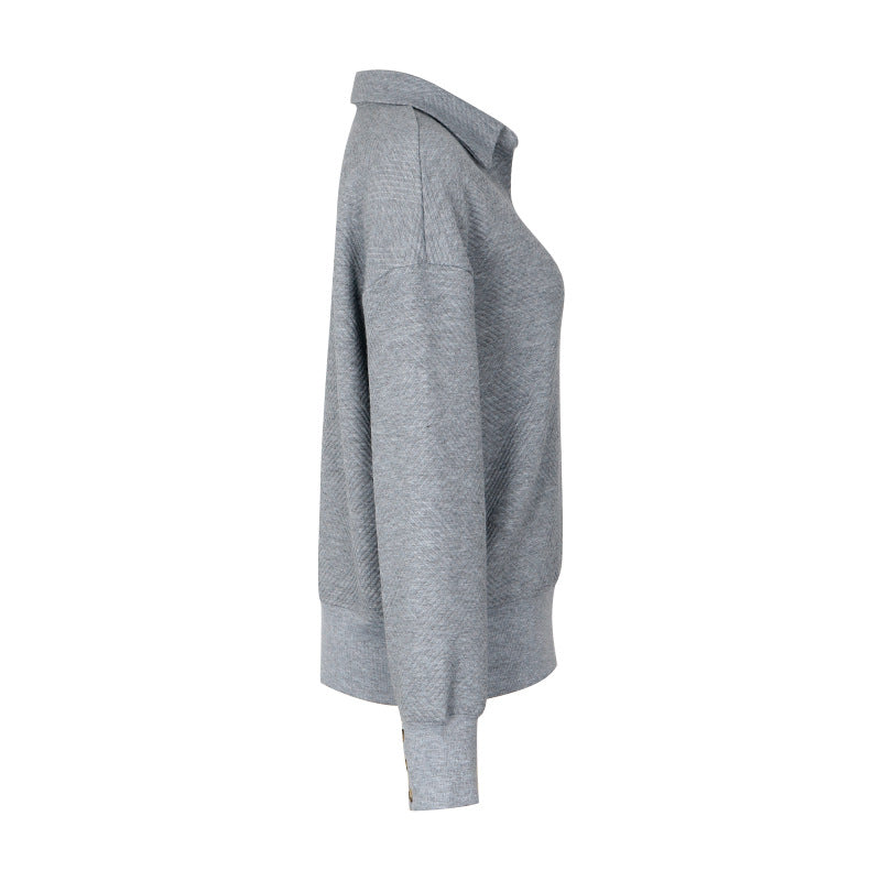 Textured Collared Split Neck Pullover Sweatshirt - Grey - 1