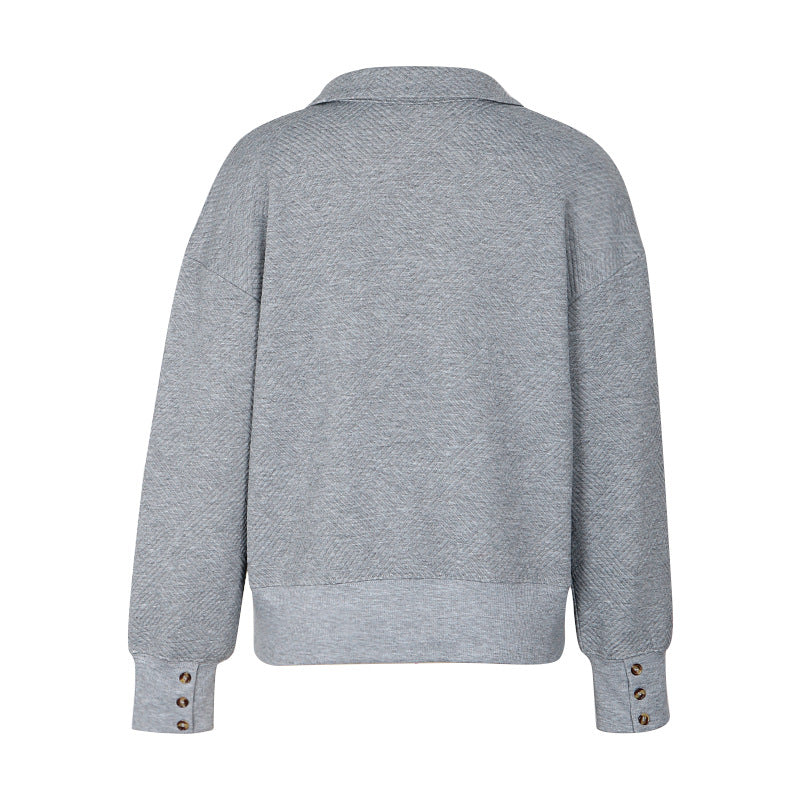 Textured Collared Split Neck Pullover Sweatshirt - Grey - 2