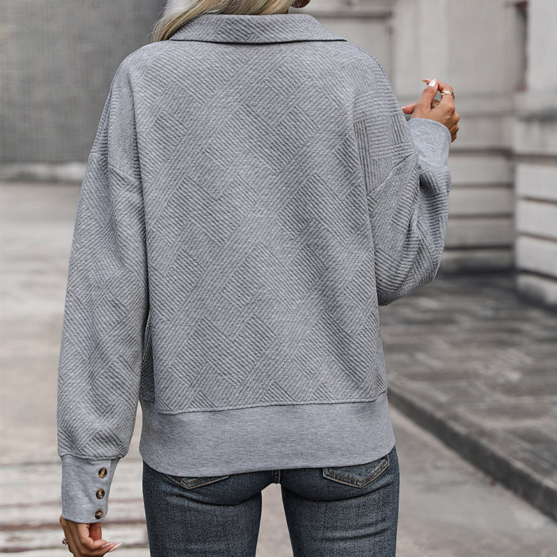 Textured Collared Split Neck Pullover Sweatshirt - Grey - 6