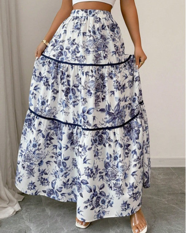 Tiered Floral Maxi Skirt With Contrast Trim - Blue