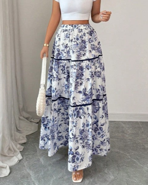 Tiered Floral Maxi Skirt With Contrast Trim - Blue - 1