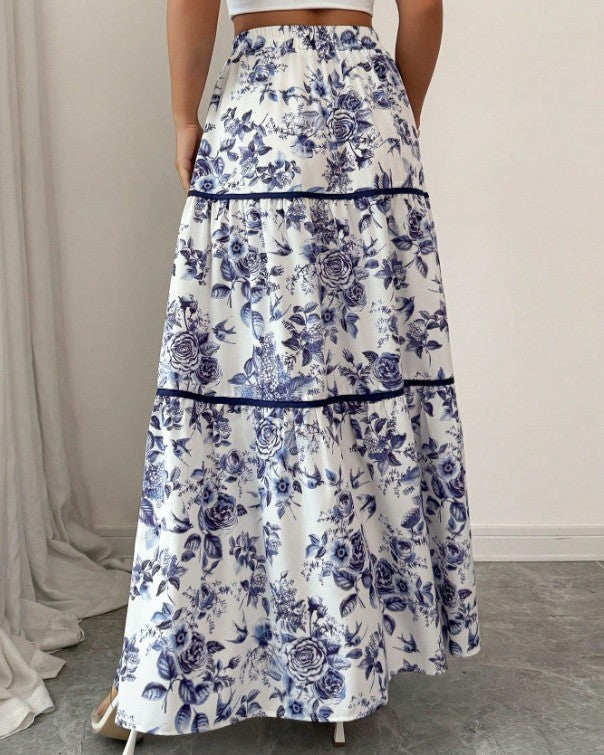 Tiered Floral Maxi Skirt With Contrast Trim - Blue - 2