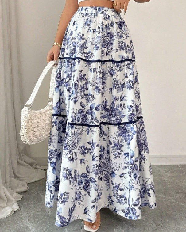Tiered Floral Maxi Skirt With Contrast Trim - Blue - 3