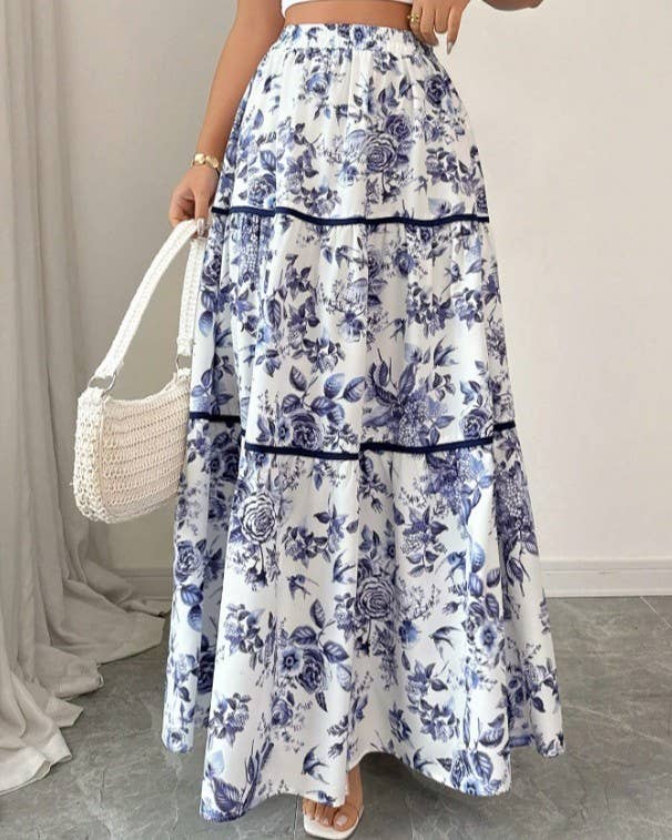 Tiered Floral Maxi Skirt With Contrast Trim