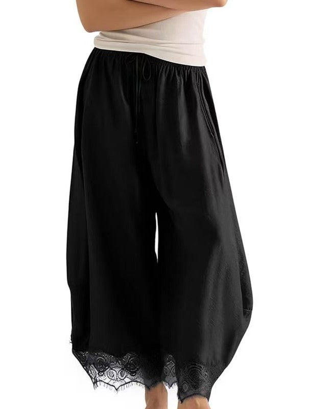 Satin Wide-Leg Palazzo Pants with Scalloped Lace Hem - Black