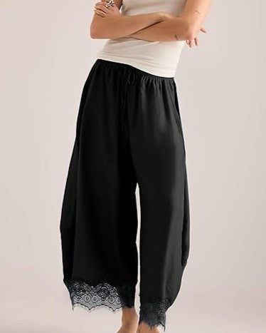 Satin Wide-Leg Palazzo Pants with Scalloped Lace Hem