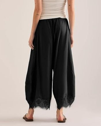 Satin Wide-Leg Palazzo Pants with Scalloped Lace Hem - view 2