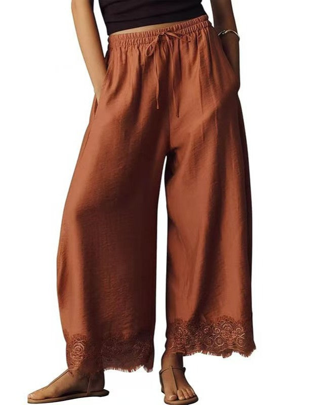 Satin Wide-Leg Palazzo Pants with Scalloped Lace Hem - Caramel