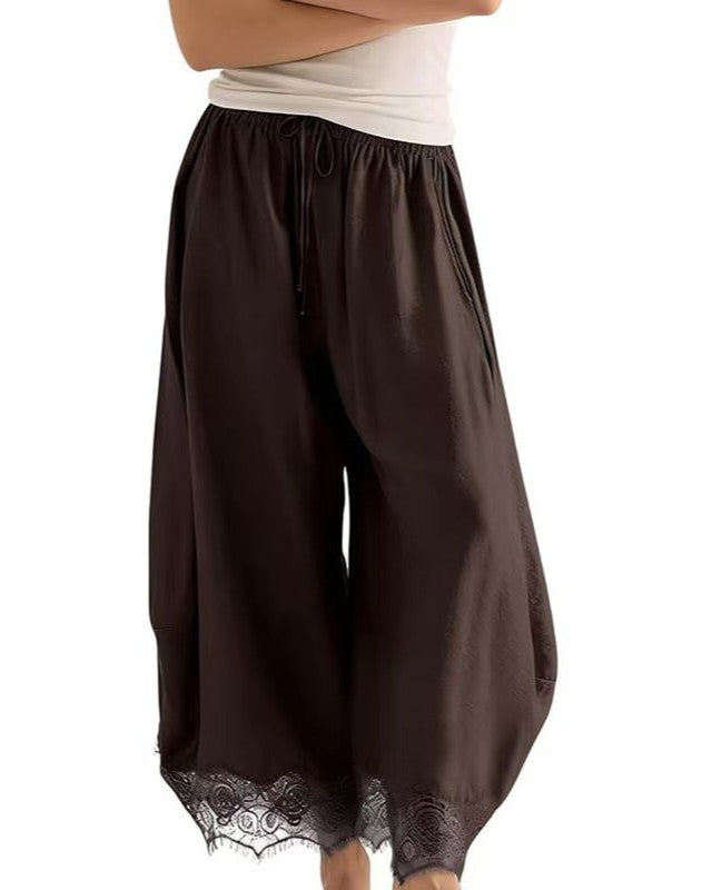 Satin Wide-Leg Palazzo Pants with Scalloped Lace Hem - Coffee