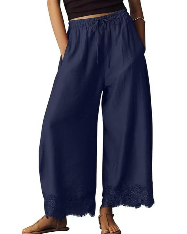 Satin Wide-Leg Palazzo Pants with Scalloped Lace Hem - Dark Blue