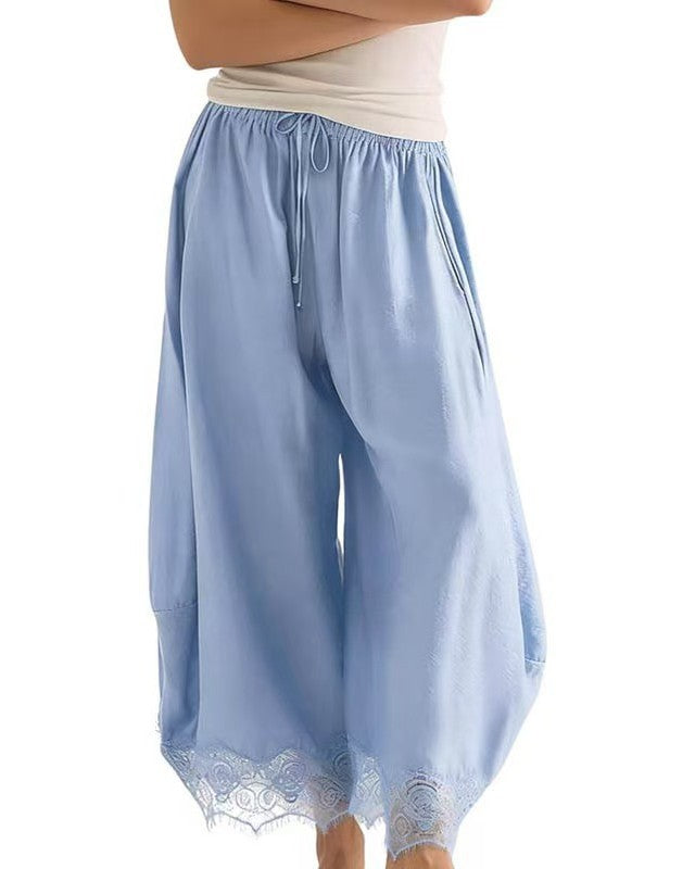 Satin Wide-Leg Palazzo Pants with Scalloped Lace Hem - Light Blue