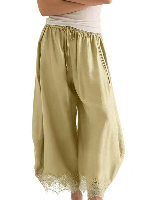 Satin Wide-Leg Palazzo Pants with Scalloped Lace Hem - Matcha