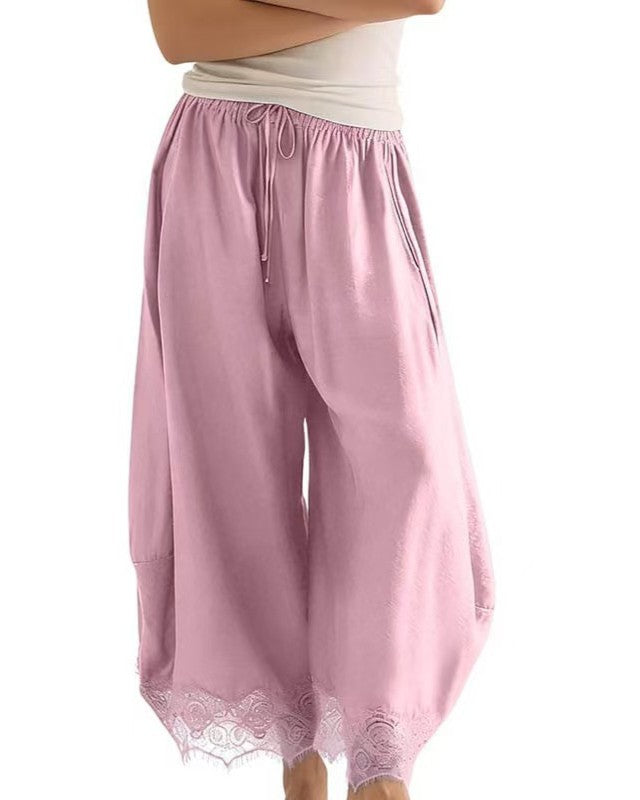 Satin Wide-Leg Palazzo Pants with Scalloped Lace Hem - Pink