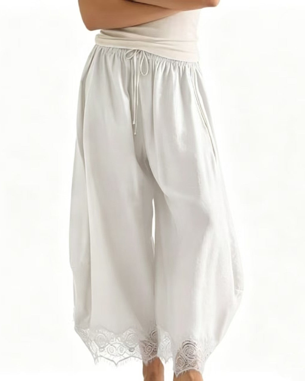 Satin Wide-Leg Palazzo Pants with Scalloped Lace Hem - White