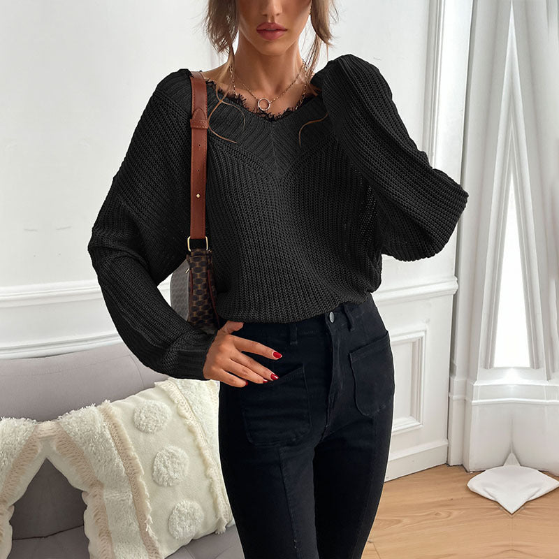 Lace Trim V Neck Oversized Ribbed Sweater - Black