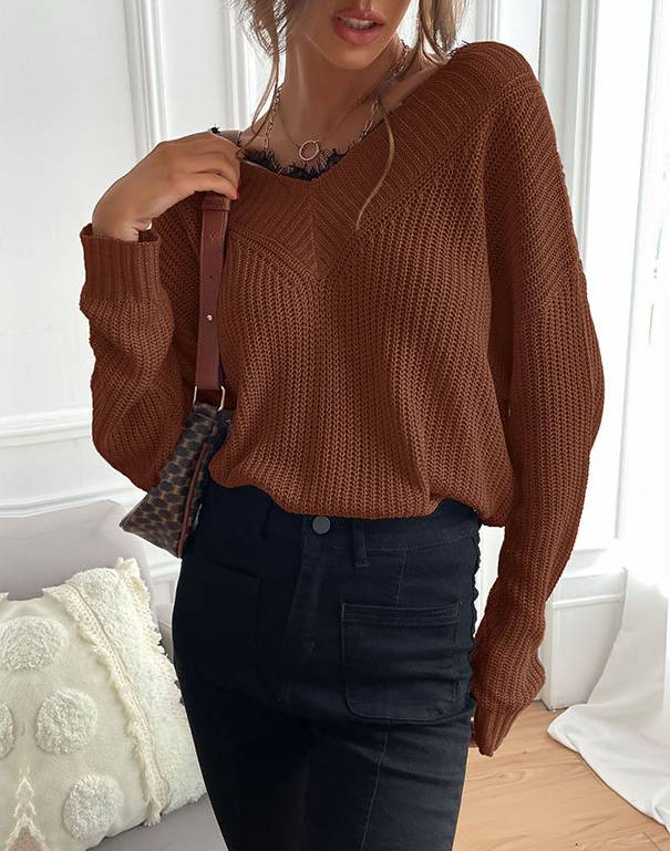 Lace Trim V Neck Oversized Ribbed Sweater - Coffee