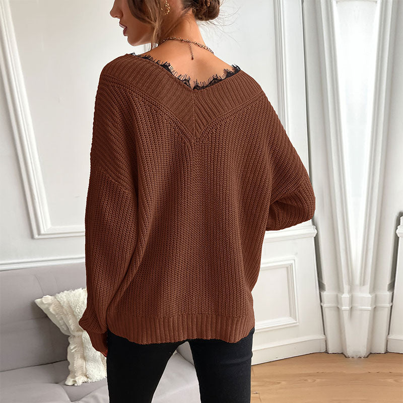 Lace Trim V Neck Oversized Ribbed Sweater - Coffee - 1