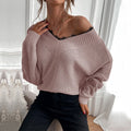 Lace Trim V Neck Oversized Ribbed Sweater - Pink