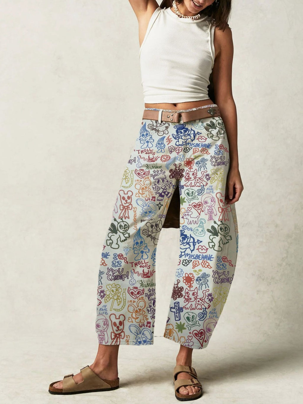 Doodle Print High Waist Barrel Jeans - Cartoon - 1