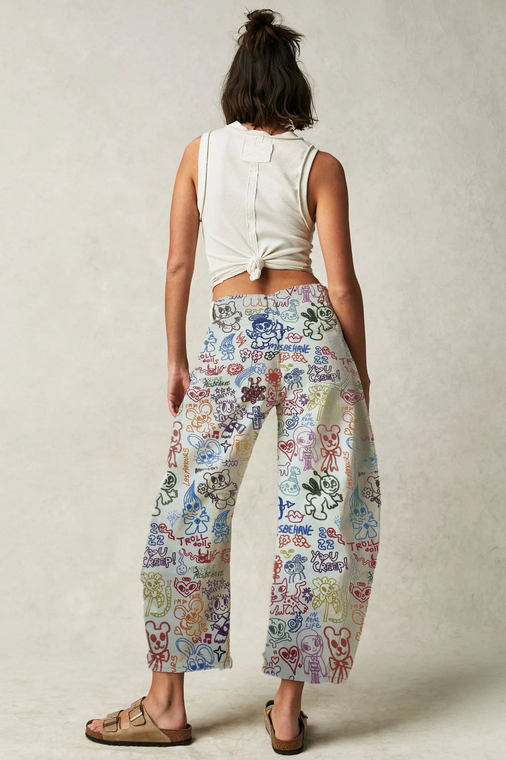 Doodle Print High Waist Barrel Jeans - Cartoon - 2