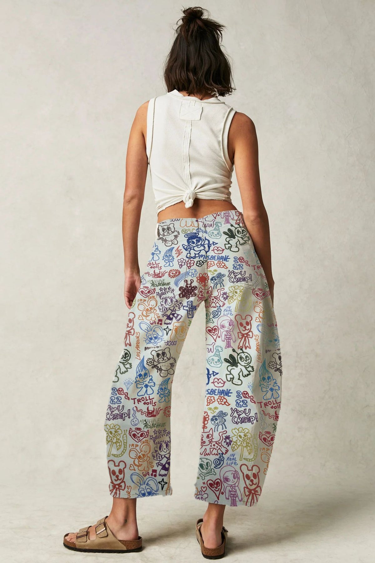 Doodle Print High Waist Barrel Jeans - Cartoon - 2