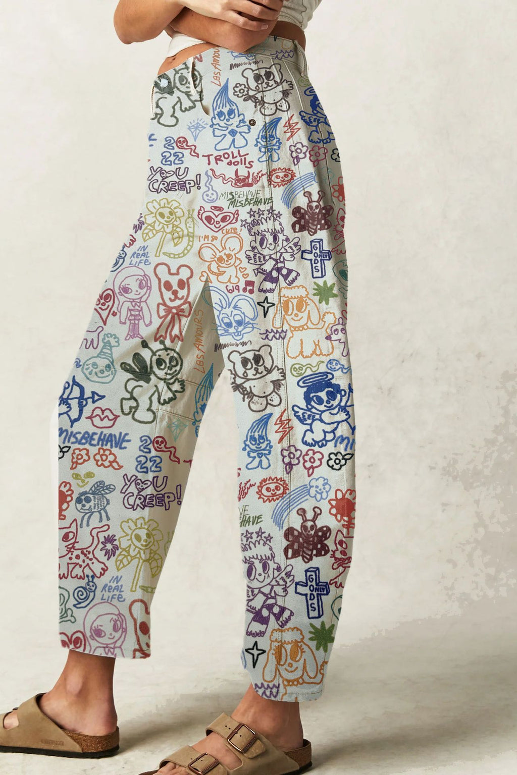 Doodle Print High Waist Barrel Jeans - Cartoon - 3