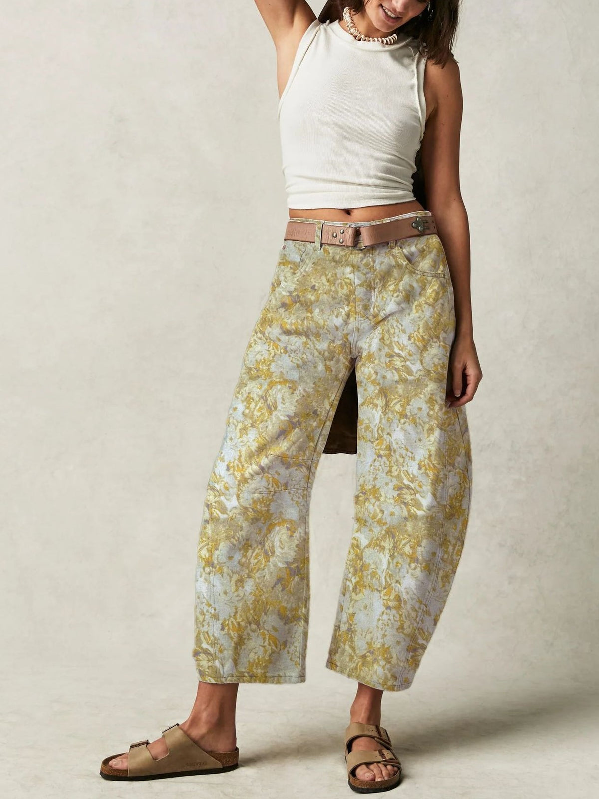 Doodle Print High Waist Barrel Jeans - Yellow