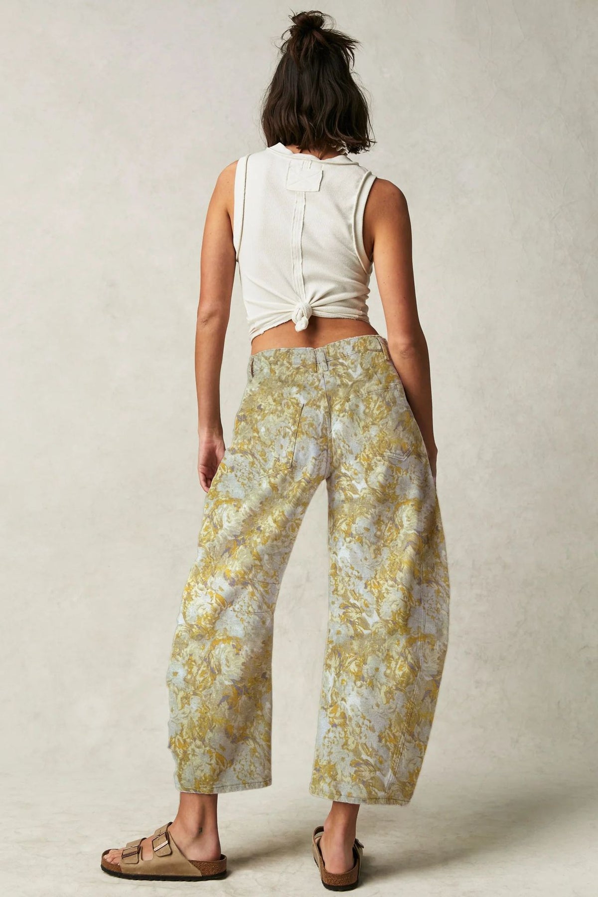 Doodle Print High Waist Barrel Jeans - Yellow - 1